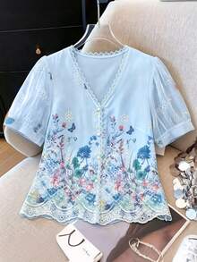 GlowEve Woven Embroidered Women's Summer V-Neck Short Sleeve Blouse - Baby Blue - View 3