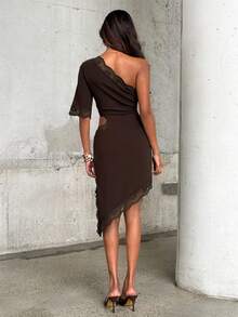 Aloruh Women's Elegant Sexy Fitted Waist Lace Patchwork One Shoulder Cold Shoulder Dark Brown Solid Color Mini Dress Night Out Date Night Summer - Coffee - View 7
