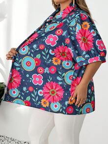 SHEIN CURVE+ 大尺碼女款翻領短袖印花襯衫 - 彩色 - 查看 8