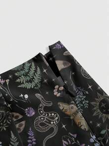 ROMWE Goth 深色嬉皮風月亮太陽星星蝴蝶蛾神秘森林印花性感開衩超短迷你裙女款 - 黑色 - 查看 3