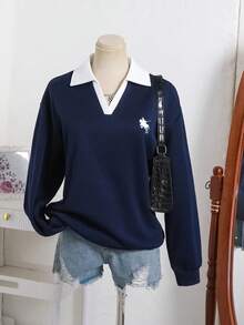 SHEIN 青少年女孩幾何刺繡落肩套頭毛衣，厚內裡保暖返校穿搭，秋季適用 - 寶藍色 - 查看 9