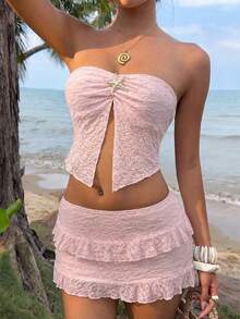 Sunnyshic 2026 Spring/Summer New Fashion Sexy Lace Fitted Camisole Skirt Set For Women - Pink - View 4