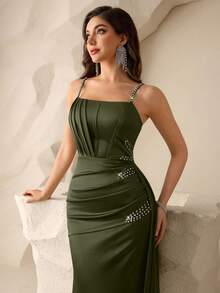 Coutiva Women's Rhinestone Decorated Side Ribbon Design Elegant Spaghetti Strap Formal Evening Gown (Heavy Embellishment) - Army Green - View 8
