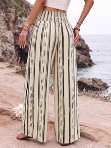 SHEIN Holidaya 女款時尚塗鴉條紋腰部休閒夏季度假居家日常穿著海灘外出時尚設計抽繩側開衩寬腿長褲 - 杏色 - 查看 2