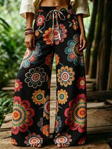 EMERY ROSE Pantalones de pierna ancha con estampado floral estilo casual de vacaciones para mujer talla grande - Multicolor - Ver 3