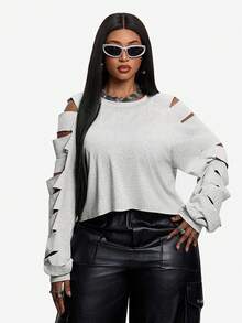 Maweii Sudadera corta de mujer talla grande, nueva, gris claro, con diseño calado, efecto desgastado, hombros caídos, estilo sexy corto, manga larga con diseño de recortes, tela de punto elástica, estilo callejero americano, uso casual diario, estilo personalizado de chica atractiva, sudadera corta holgada y estilizada para primavera/otoño - Gris Claro - Ver 6
