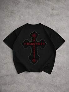 Manfinity EMRG 男士字母刺繡時尚街頭風圓領短袖T恤 - 黑色 - 查看 2