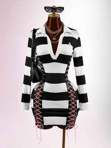 Amplova POLO Collar Pony Logo Split Tie Design Back To School Street Style Women's Mini Vintage Dress - Black and White - View 1