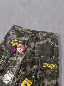 Manfinity EMRG 男士大尺碼水鑽迷彩印花貼袋牛仔短褲 - 軍綠色 - 查看 3