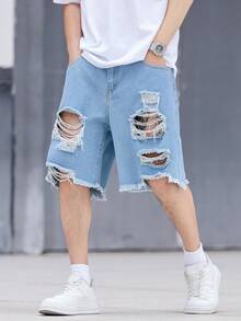 Manfinity Hypemode Shorts décontractés en jean délavé et effiloché avec poches, coupe ample, grande taille pour hommes - Bleu azur - Voir 5