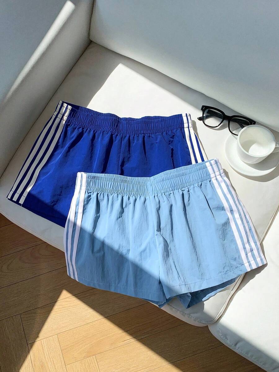Comfortcana 2件組女款側條紋鬆緊腰休閒寬鬆運動短褲,夏季休閒百搭短褲,適合日常街頭穿搭 - 藍色 - 查看 1