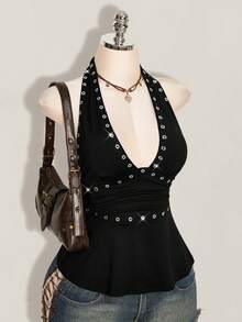 SHEIN ICON 萬聖節女款掛脖露背黑色娃娃裝背心 - 黑色 - 查看 3