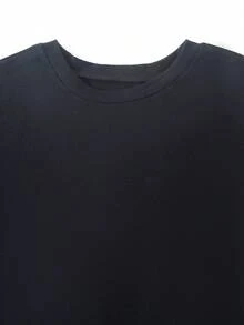 SHEIN 女童（大童）休閒基礎款歐式極簡居家法式蕾絲拼接短袖圓領寬鬆針織洋裝 - 黑色 - 查看 4
