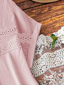 Linhara Vestido sin mangas de talla grande para mujer con unicolor y encaje calado - Rosa - Ver 8