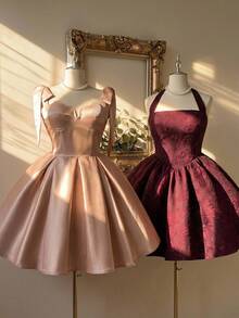 Lovelzi Elegant Luxurious Dusty Rose Shiny Silk Hand-Tied Bow Decor Shoulder Strap Shell Bustier Pleated A-Line Plus Size Short Prom Bridesmaid Party Dress - Khaki - View 4