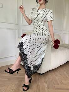 Seusyu White And Black Polka Dot Hem Asymmetrical Lace Trim Fitted Waist Mid-Length Dress For Women Tea Party Brunch Summer French Vintage - Pearl White - View 4