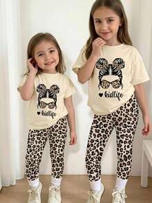 Conjunto de camiseta corta básica y leggings de estilo casual y cómodo para uso diario en primavera, verano y otoño, con diseño de niña con moño, estampado de leopardo, gafas de sol con forma de corazón y eslogan gráfico, adecuado para niñas - Multicolor - Ver 1