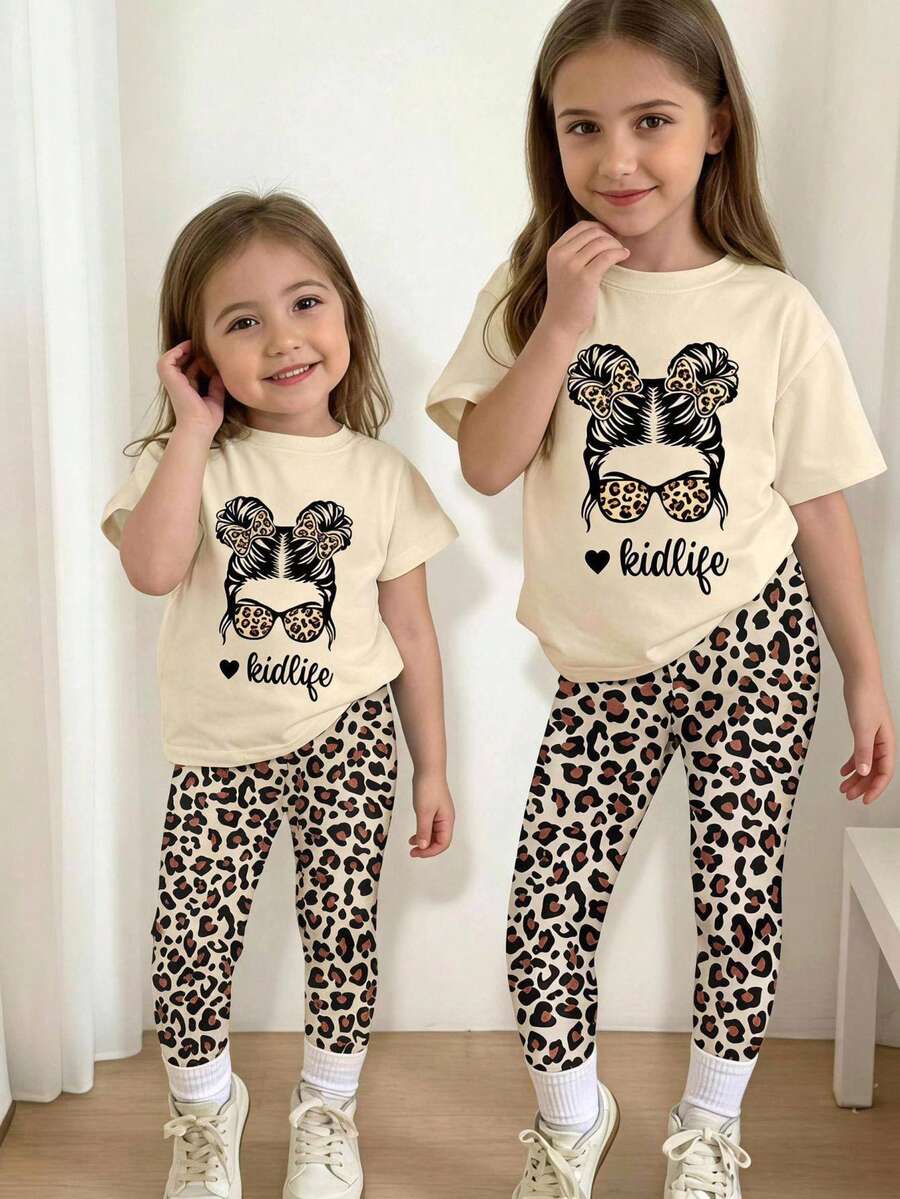Conjunto de camiseta corta básica y leggings de estilo casual y cómodo para uso diario en primavera, verano y otoño, con diseño de niña con moño, estampado de leopardo, gafas de sol con forma de corazón y eslogan gráfico, adecuado para niñas - Multicolor - Ver 1