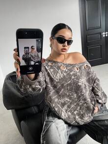 POPSWAY Plus Size Women's Asymmetrical Shoulder Sweatshirt With Metal Ring Eyelet Detail, Casual Anti Social Streetwear Autumn/Winter Jacket Grey - Multicolor - View 1