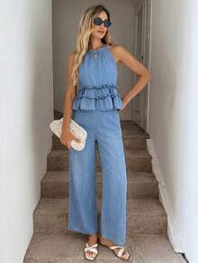 Easowa Damen-Neckholder-Top mit Rüschensaum und Hose, lässiges Denim-Set - Schwarz - Übersicht 7