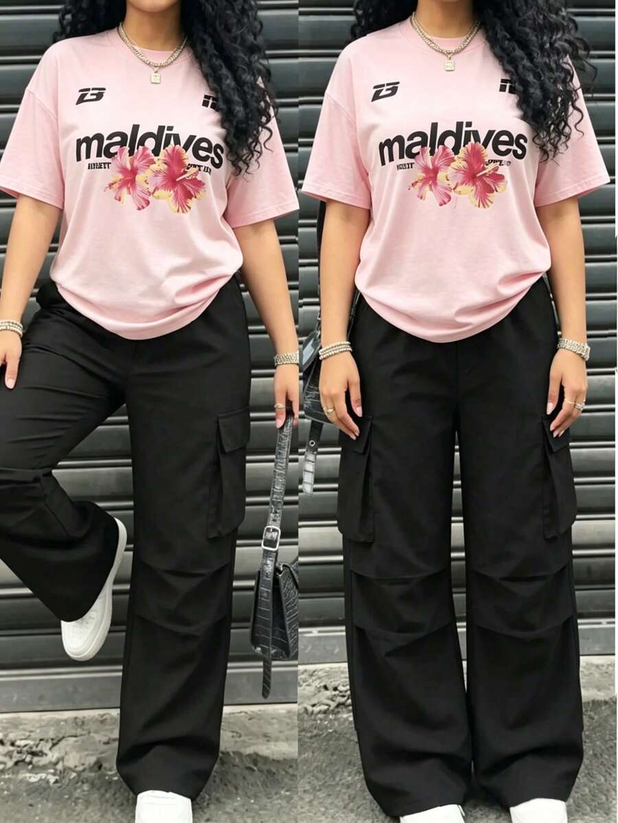 SHEIN 青少年女孩數字貼布印花短袖T恤與工裝褲兩件套 開學季 - 粉色 - 查看 1