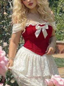 SHEIN MOD Plus Size Women Red Bow Front Lace Trim Paisley Hem Bustier Corset Top – Vintage Elegant Court Style, Date Tea Party Summer - Red - View 12