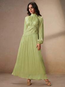 Anewsta Women's Elegant Round Neck Long Sleeve Beaded Chain Ruched Waist Shiny Party Long Dress - Green - View 6