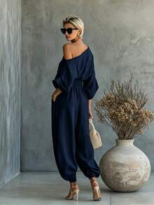 SHEIN Fiorisel طقم نسائي كاجوال يومي بلون موحد مع ملابس علوية بكتف غير متماثل وبنطلون طويل - أزرق بحري - مشاهدة 4
