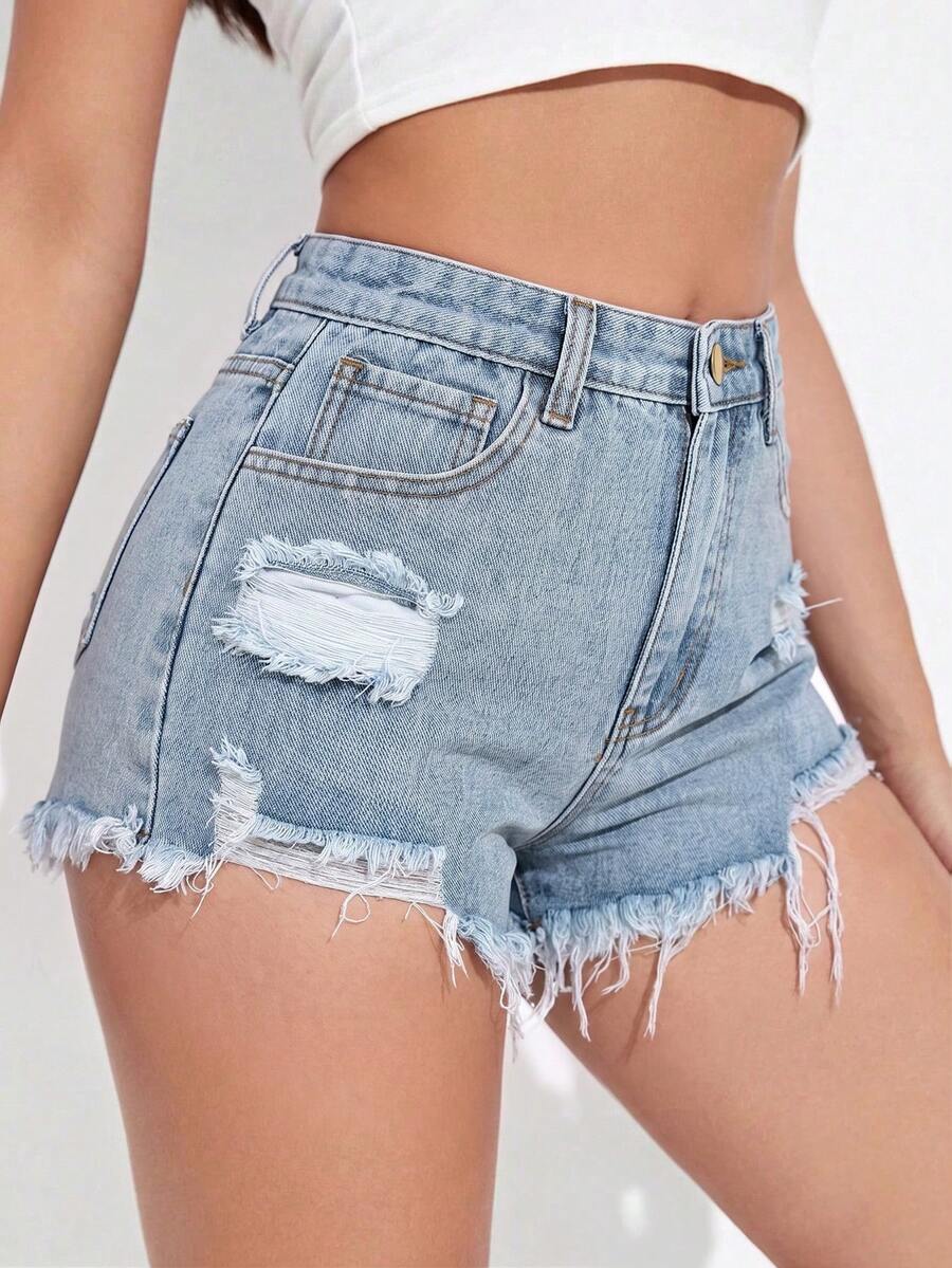SHEIN EZwear 女款休閒牛仔短褲，附口袋，破洞磨損與毛邊下擺設計 - 淺色水洗藍 - 查看 1