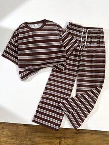 SHEIN 2件組青少年女孩時尚條紋套裝，短袖圓領寬鬆T恤搭配條紋針織寬腿褲，適合派對、度假、校園日常休閒、返校季，秋冬新品 - 棕色 - 查看 5