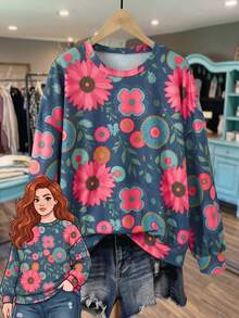Rusticease Plus Size Spring/Autumn Casual Floral Print Sweatshirt Fall - Multicolor - View 1