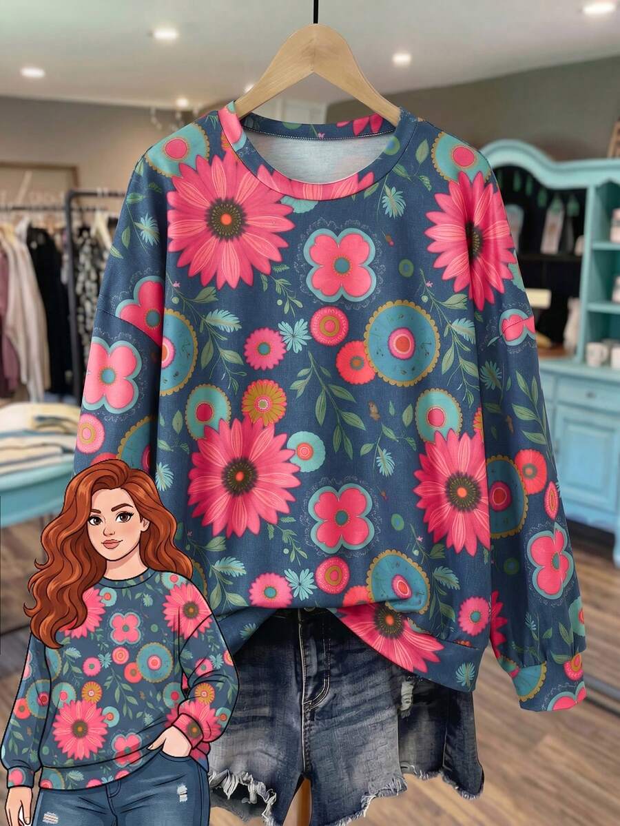 Rusticease Plus Size Spring/Autumn Casual Floral Print Sweatshirt Fall - Multicolor - View 1