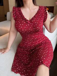 Dazy Plus Plus Size Elastic Fitted Minimalist Sexy Elegant Frill Trim Ditsy Floral All-Over Short Red Spring/Summer Sleeveless Nightgown Pajamas - Burgundy - View 1