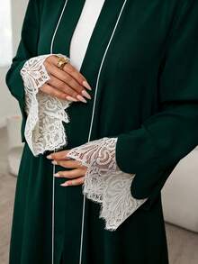 Al Najma Contrast Color Placket With Petal Decoration, Contrast Lace, Holiday Wear Arabic Long Robe - Dark Green - View 2