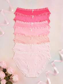 Elorette 7pc Pink Multicolor Lace Patchwork High Elasticity Knitted Texture Comfortable Daily Plus Size Panties - Pink - View 1