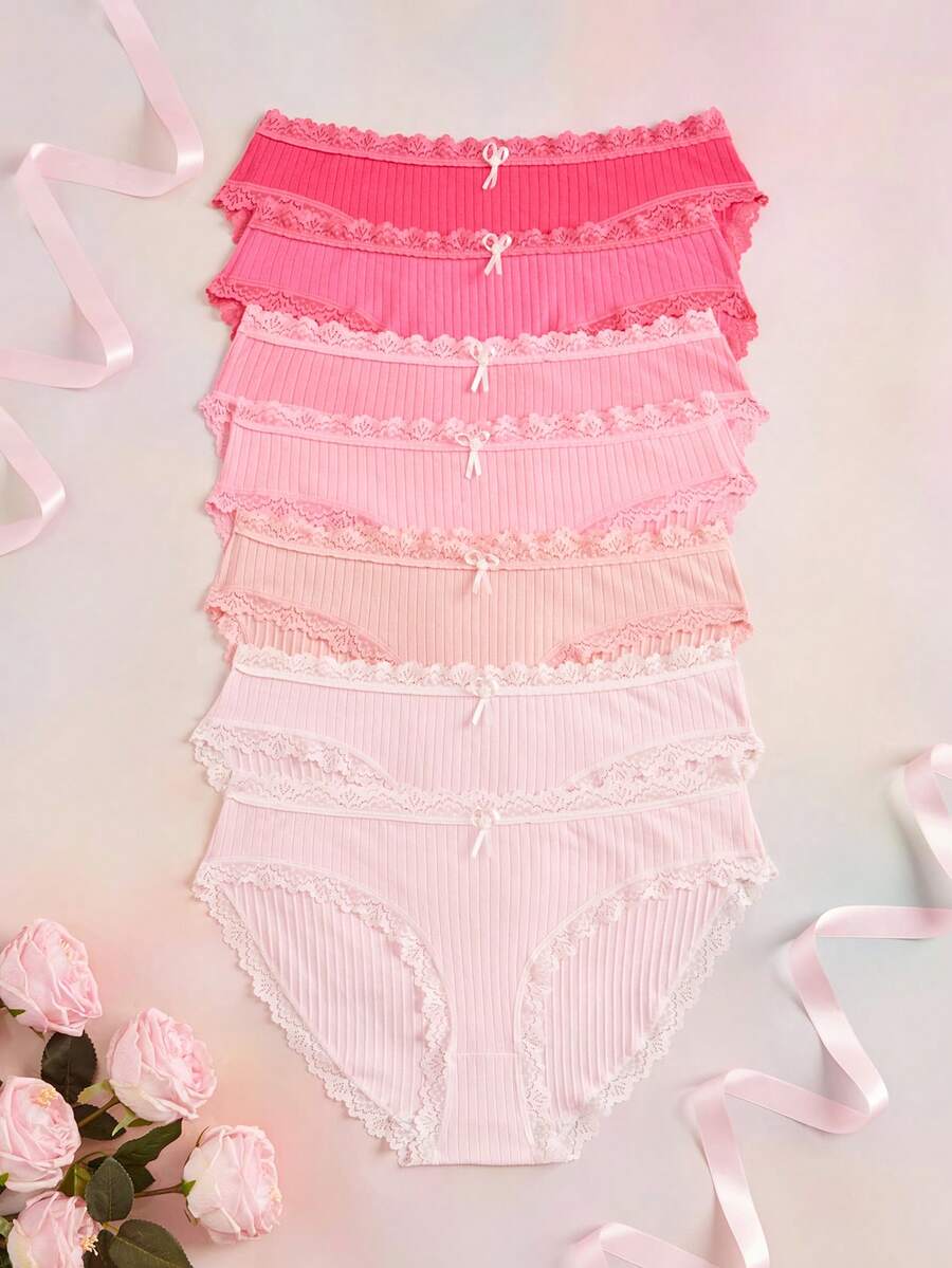 Elorette 7pc Pink Multicolor Lace Patchwork High Elasticity Knitted Texture Comfortable Daily Plus Size Panties - Pink - View 1