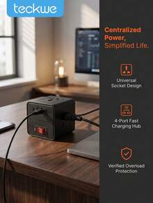 Teckwe 1pc Minimalist Black Cube Power Strip - Fire-Resistant PC Plastic With 3 AC Outlets & 4 USB Ports (2 Type-C + 2 USB-A), Fast Charging Desktop Charging Station, Overload Protection With Reset Switch, Space-Saving Compact Design - Black - View 1