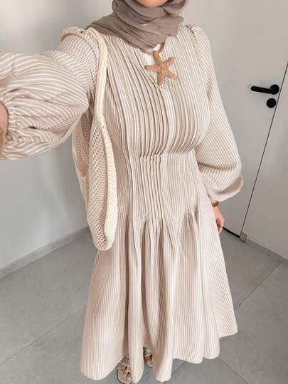 Solavon Women's Versatile Casual/Vacation Beige Striped Long-Sleeve Dress With Puff Sleeves