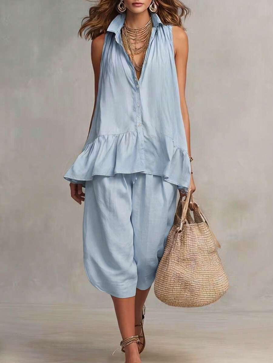 SHEIN Women's Loose Comfortable Casual Sleeveless Top & Pants 2 Pieces Set - Blue - View 1