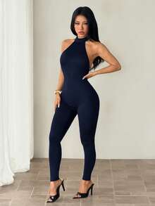 SHEIN PETITE Mono ajustado de cuello alto tipo ajustado con pantalones capri, para salir, uso diario, noche, sexy, streetwear, Esky, fiesta - Azul Marino - Ver 3