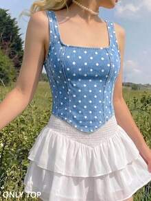 SHEIN MOD 女款不對稱下擺無袖牛仔上衣，波點圖案 - 藍色 - 查看 4
