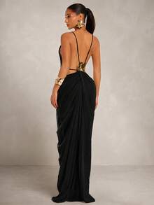 Silquee Women's Solid Color Sexy Spaghetti Strap Dress With Metal Back Decoration - Black - View 8