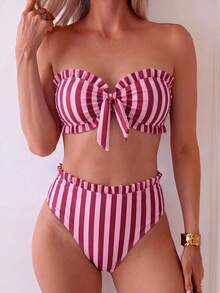 Swim Mod Spring/Summer Beach Casual Vacation Striped Print Bikini 2 Pieces Set - Multicolor - View 3