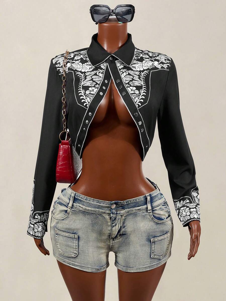 Mistrie Nueva camisa corta de cuello redondo con estampado de moda vintage negro para mujer, otoño, con estampado jacquard para mujer