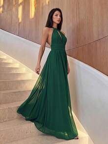 Firerie 露背开叉大腿伴娘礼服优雅正式晚会舞会婚礼宾客礼服，适合毕业典礼、晚宴派对礼服 - 墨綠色 - 查看 1