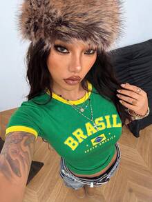 Coolane 女款字母印花百褶休閒百搭日常出遊短袖T恤 - 綠色 - 查看 4