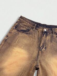 Manfinity Roghcode Shorts de pierna ancha sueltos de denim lavado desgastado color arcilla amarillo vintage para hombres - Azul lavado medio - Ver 7
