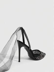 CUCCOO SZL Women's Black Mesh Studded Pointed Toe Pumps With Ankle Tie Ribbon Straps - Black - View 4