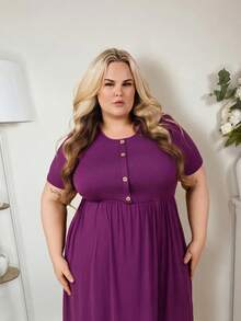Hourglow Plus Size Basic Front Button Decor Round Neck Short Sleeve Comfy Dress, For Hourglass Body Shape Elegant - Red Violet - View 5
