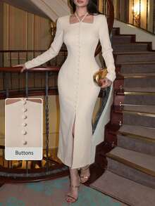 Modelyn 女款優雅通勤長袖鈕扣收腰墊肩拉鍊開衩中長洋裝 - 卡其色 - 查看 6